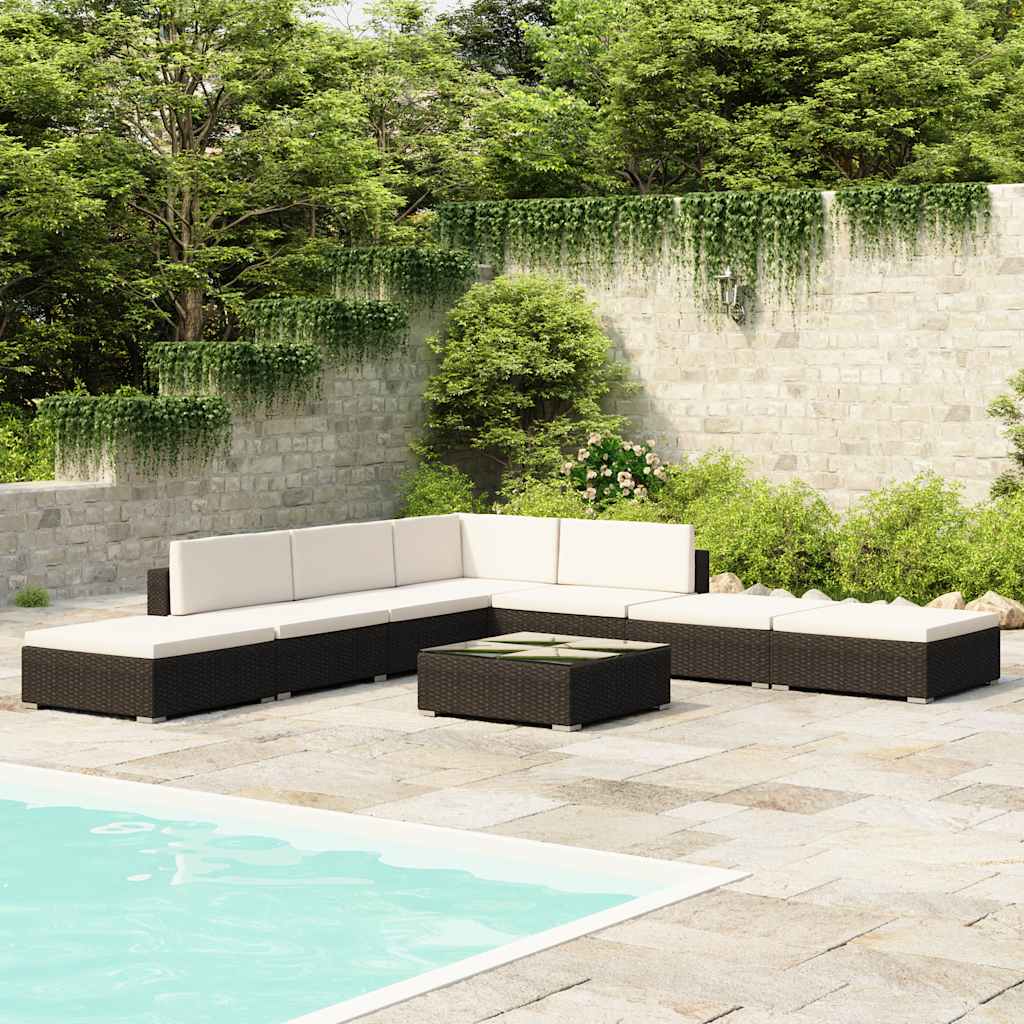 vidaXL 8-Piece Poly Rattan Lounge Set with Cushions Brown