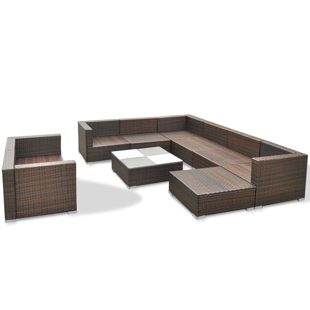 vidaXL 10-delige Loungeset met kussens poly rattan bruin
