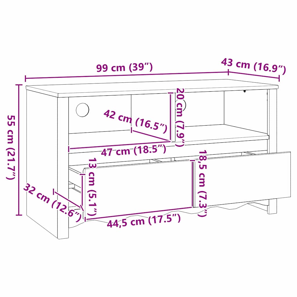 vidaXL TV-kast Drammen Eiken 99 x 43 x 55 cm Massief grenenhout