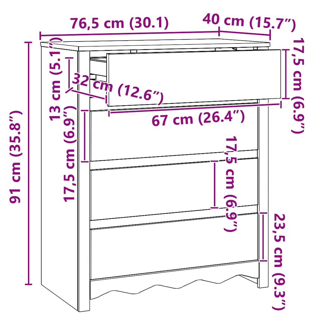 vidaXL Ladekast Drammen Eiken 76,5 x 40 x 91 cm Massief grenenhout