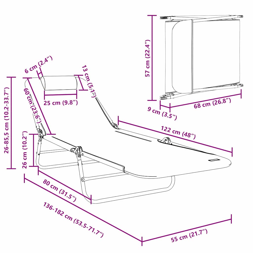 vidaXL Opvouwbare zonnebed Crème 182 x 55 x 85,5 cm Textileen