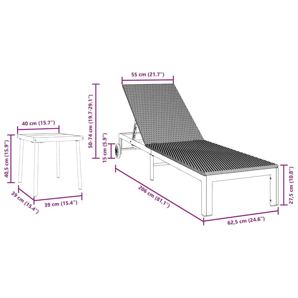 vidaXL Ligstoel 2-persoon 3 pcs Bruin poly rattan