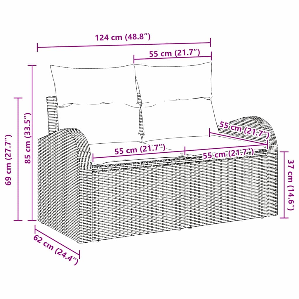 vidaXL Tuin Sofa met kussen Zwart 124 x 62 x 69cm poly rattan