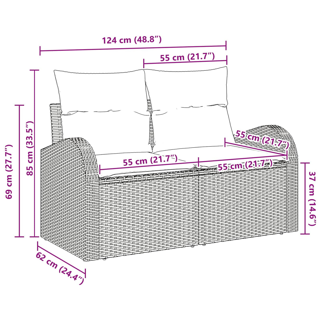 vidaXL Tuin Sofa Bruin 124 x 62 x 85cm poly rattan
