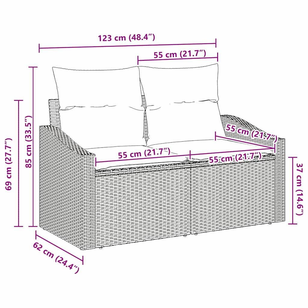 vidaXL Tuin Sofa met kussen 123 x 62 x 69 cm poly rattan