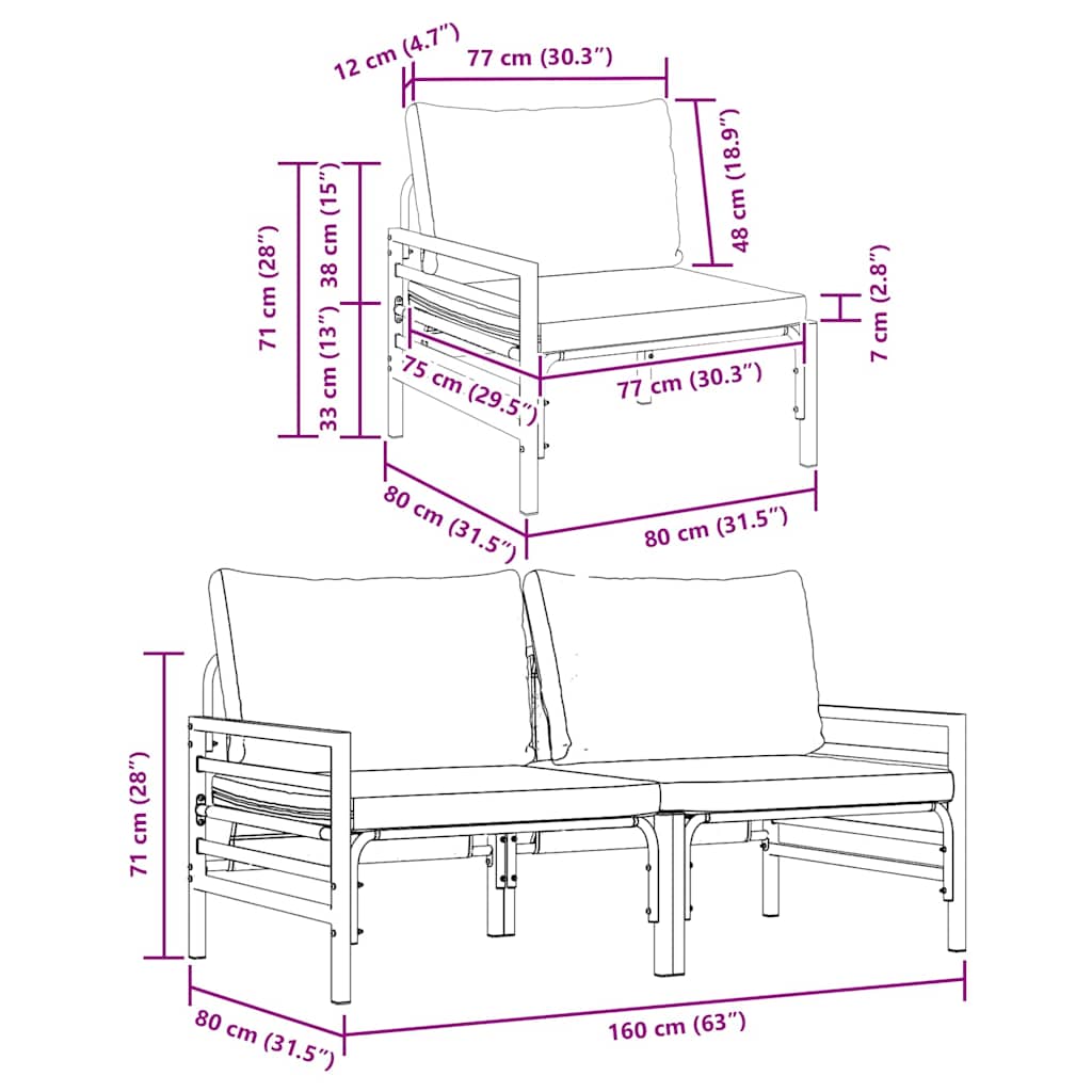 vidaXL Buiten Meubilair 2 pcs Antraciet 80 x 80 x 71 cm Staal
