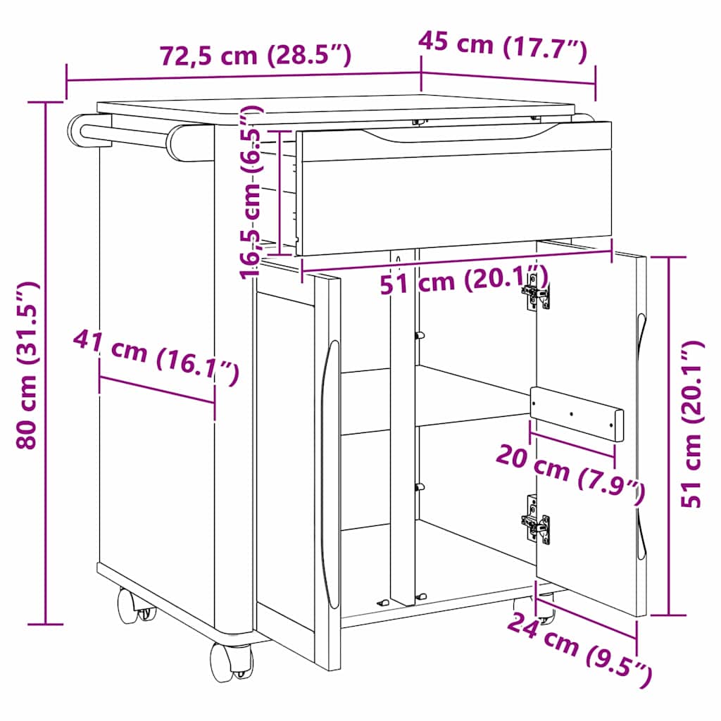 vidaXL Keuken Trolley FLORO Wasbruin 72,5 x 45 x 80 cm