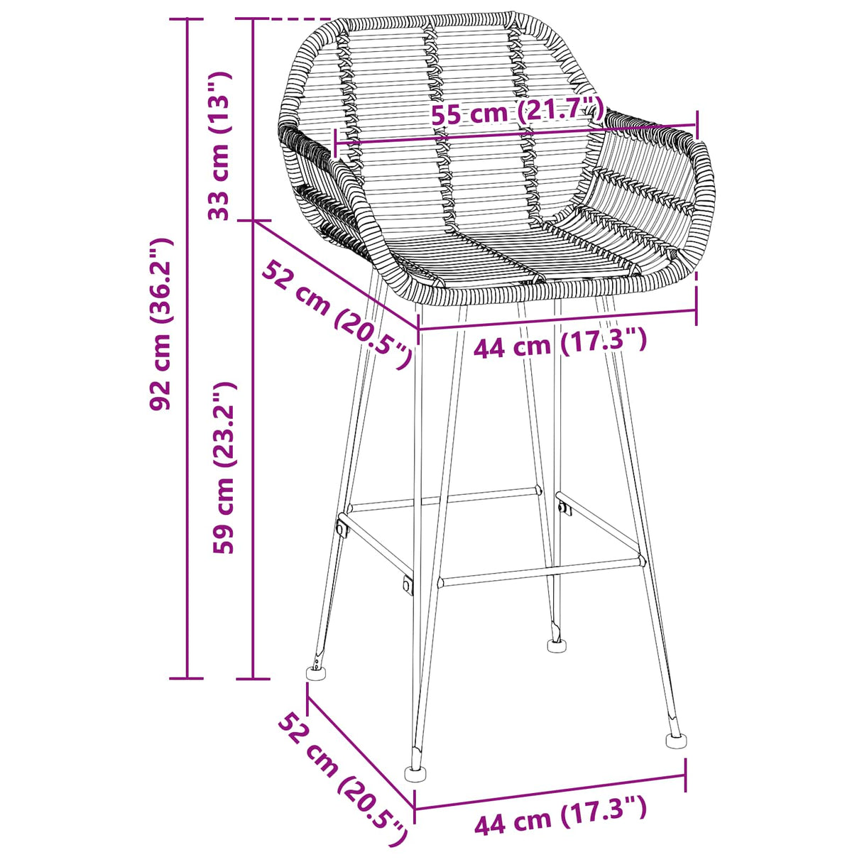 vidaXL Barkruk 2 pcs 55 x 52 x 92 cm Riet en Ijzer