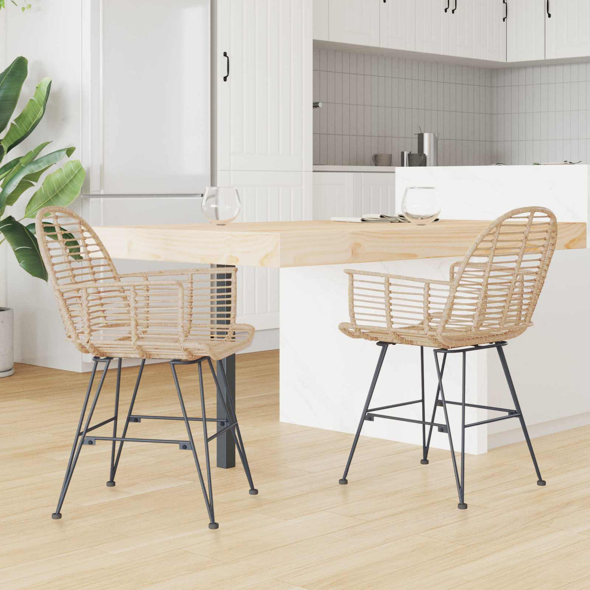 vidaXL Eetkamerstoel 2 pcs Naturel 44 x 44 x 74 cm Riet en Ijzer