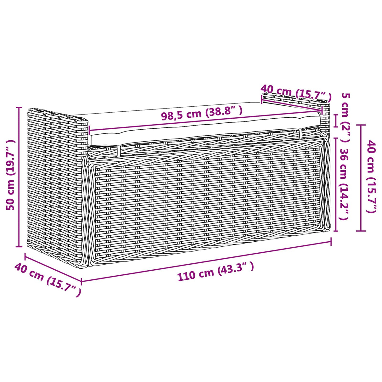 vidaXL Opslagbank met kussen Witte was 110 x 40 x 50 cm Rattan