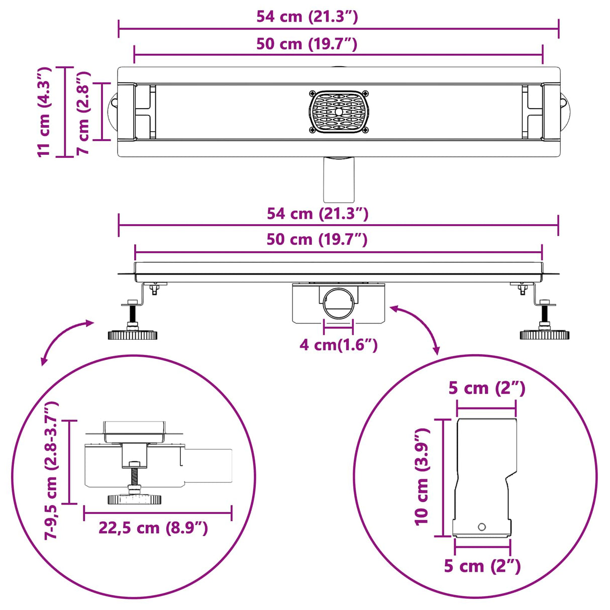 vidaXL Doucheafvoer glazen dekking met 360° sifon Zwart 50 cm