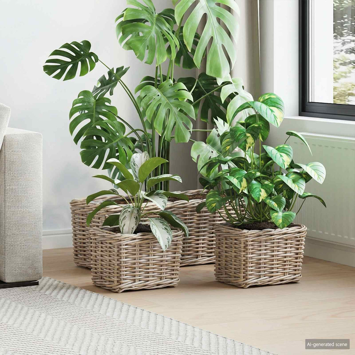 vidaXL Plantenemmertje met opslag 3 pcs Grijs Kubu Rattan