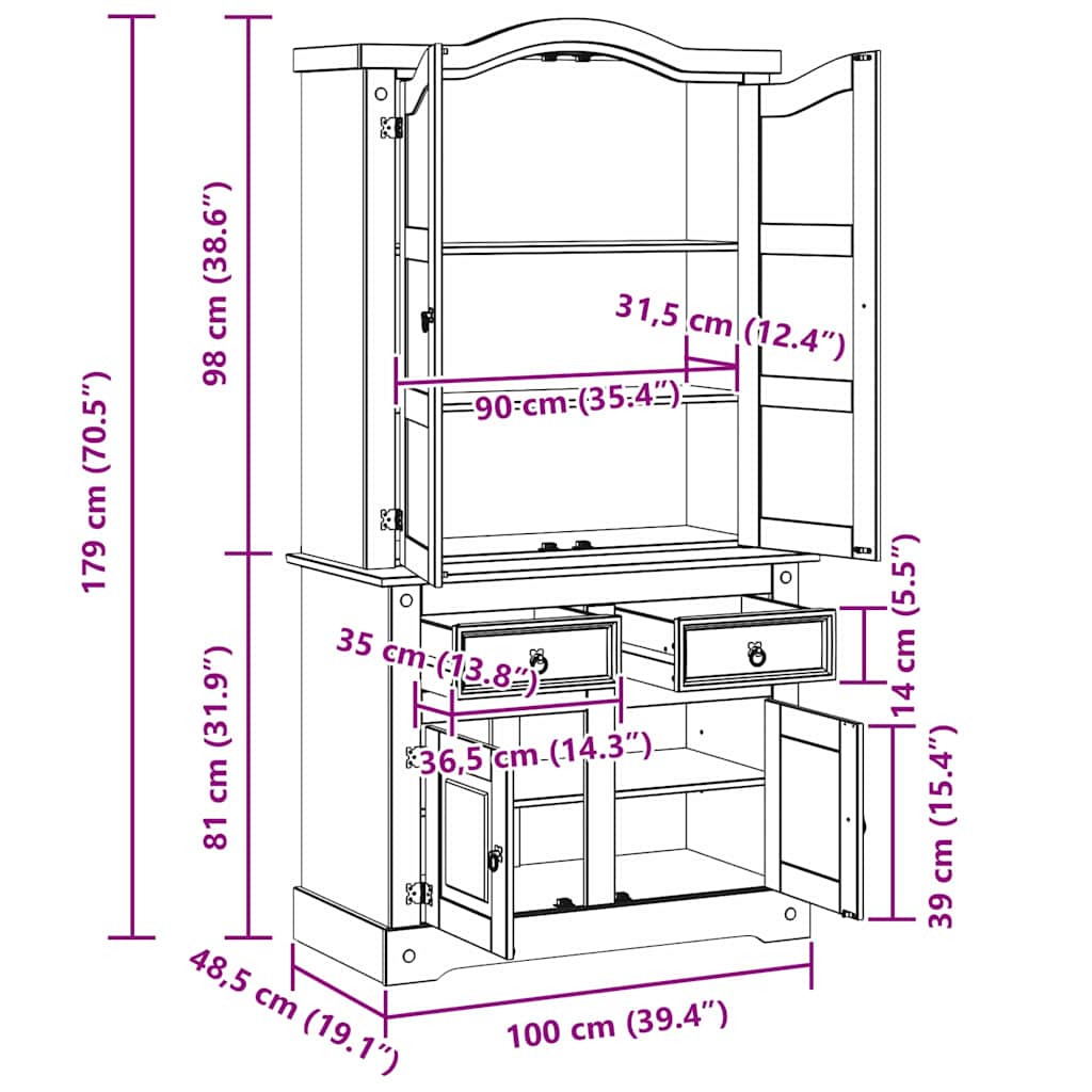 vidaXL Dressoir Corona Wit 100 x 48,5 x 179 cm Massief grenenhout