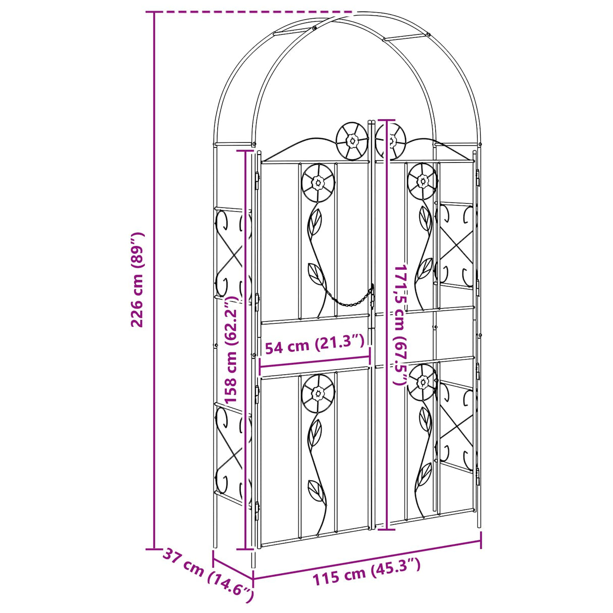 vidaXL Tuinboog Effen Zwart 115 x 37 x 226 cm