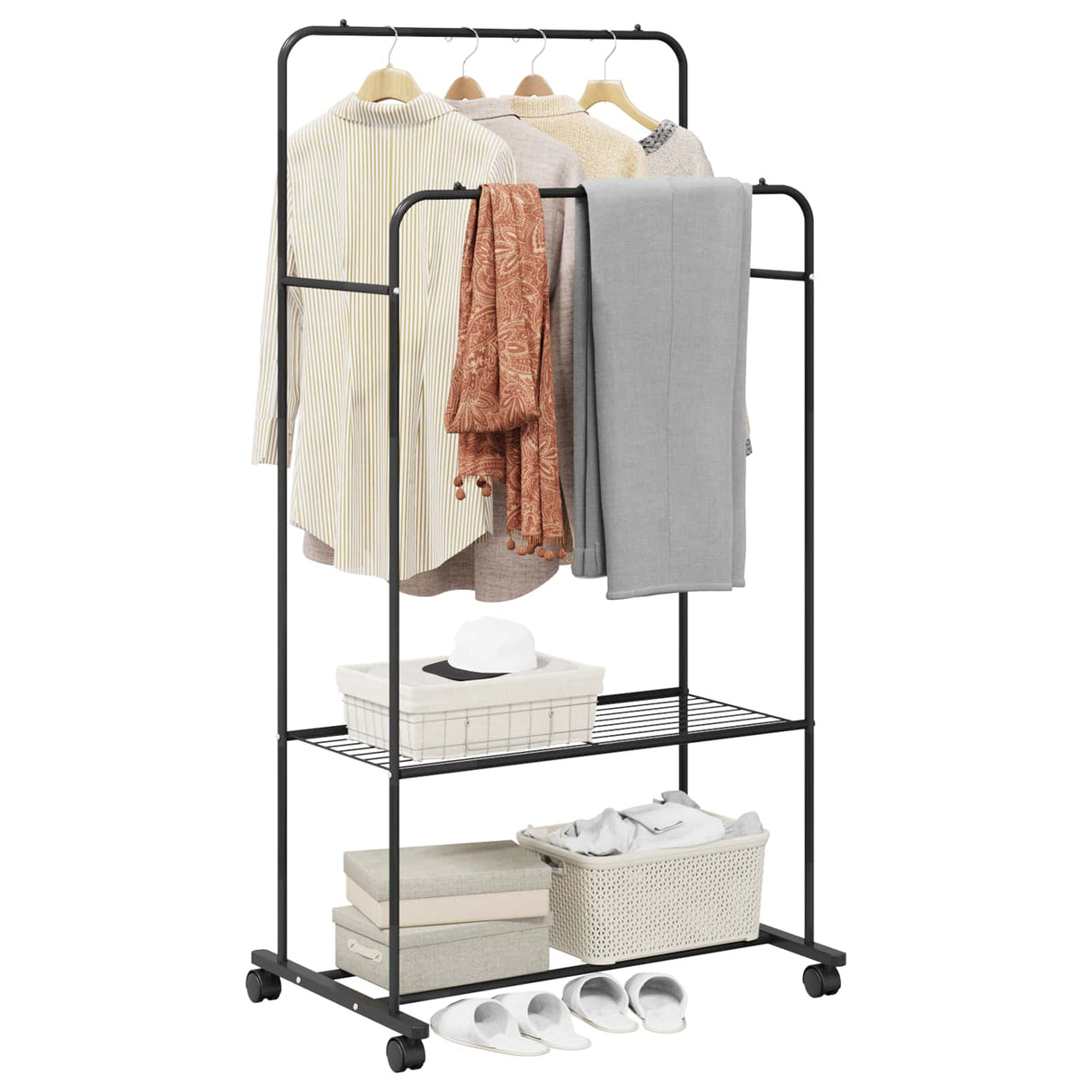 vidaXL Kledingrek met plank met wiel met opslag Zwart 80 x 53 x 156 cm