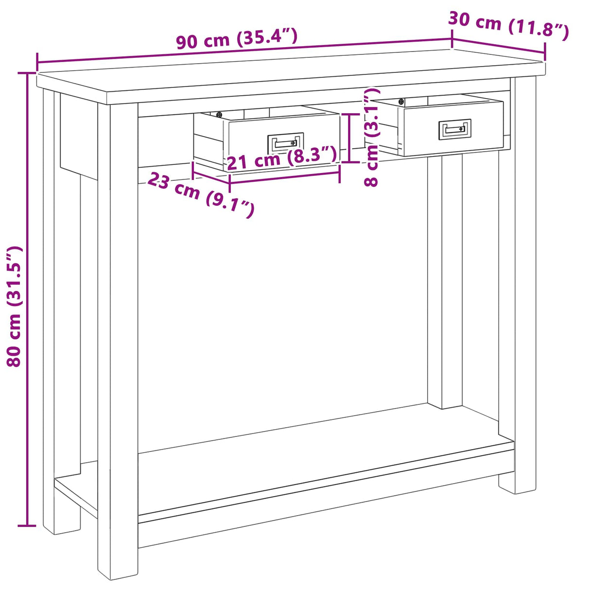 vidaXL Wandtafel Naturel 90 x 30 x 80 cm Massief Teakhout
