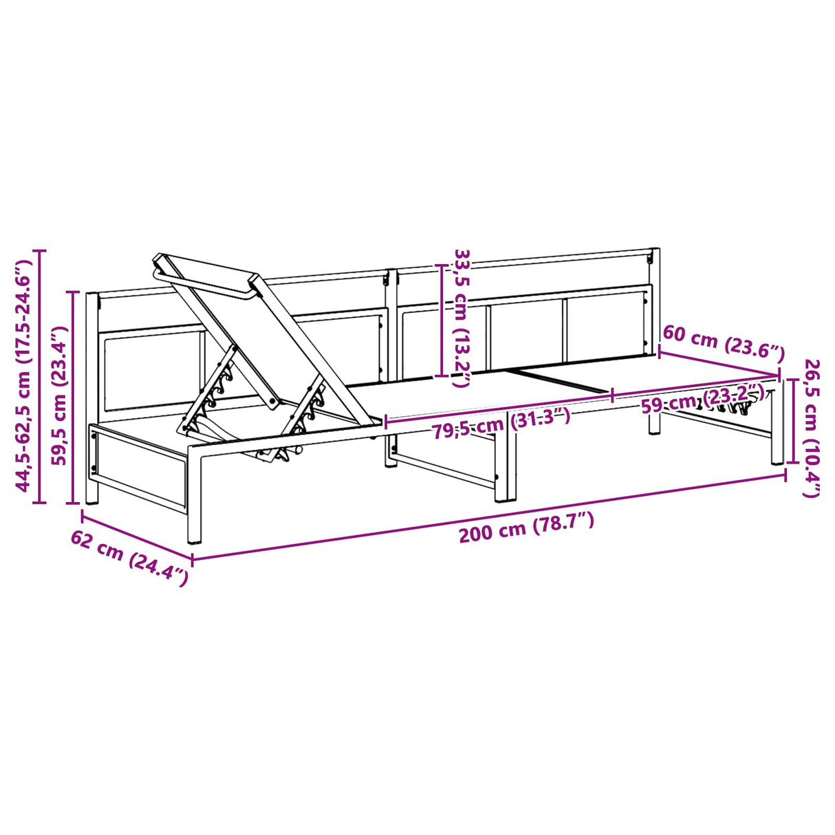 vidaXL Ligstoel Zwart 200 x 62 x 59,5 cm Textileen