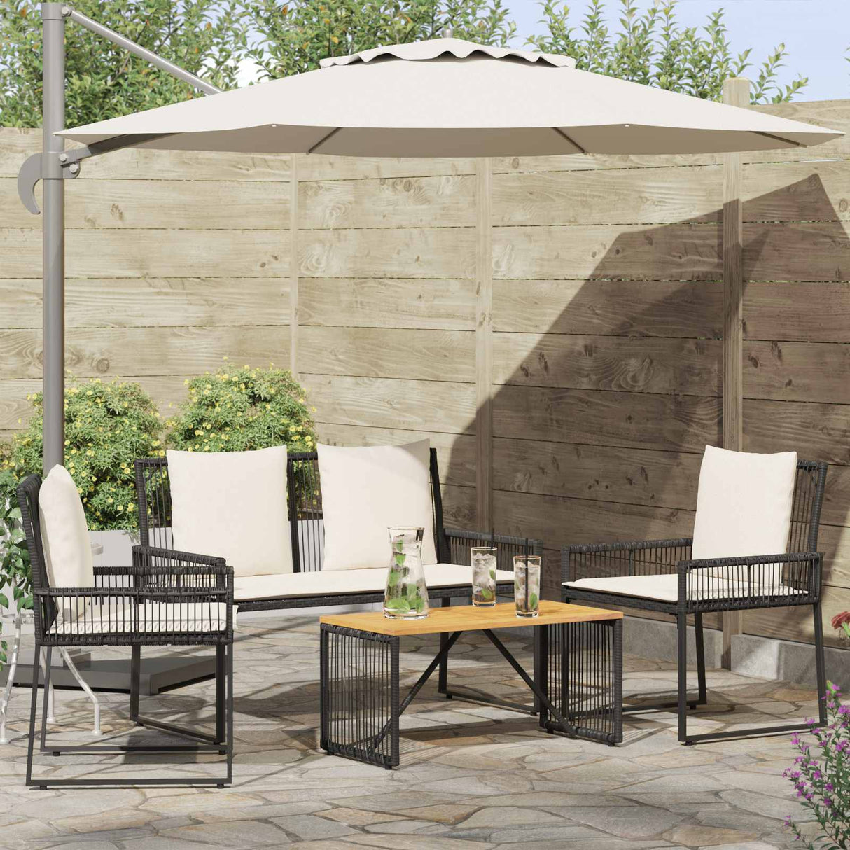 vidaXL Buitenmeubels set 4 pcs Zwart en Crème Wit poly rattan