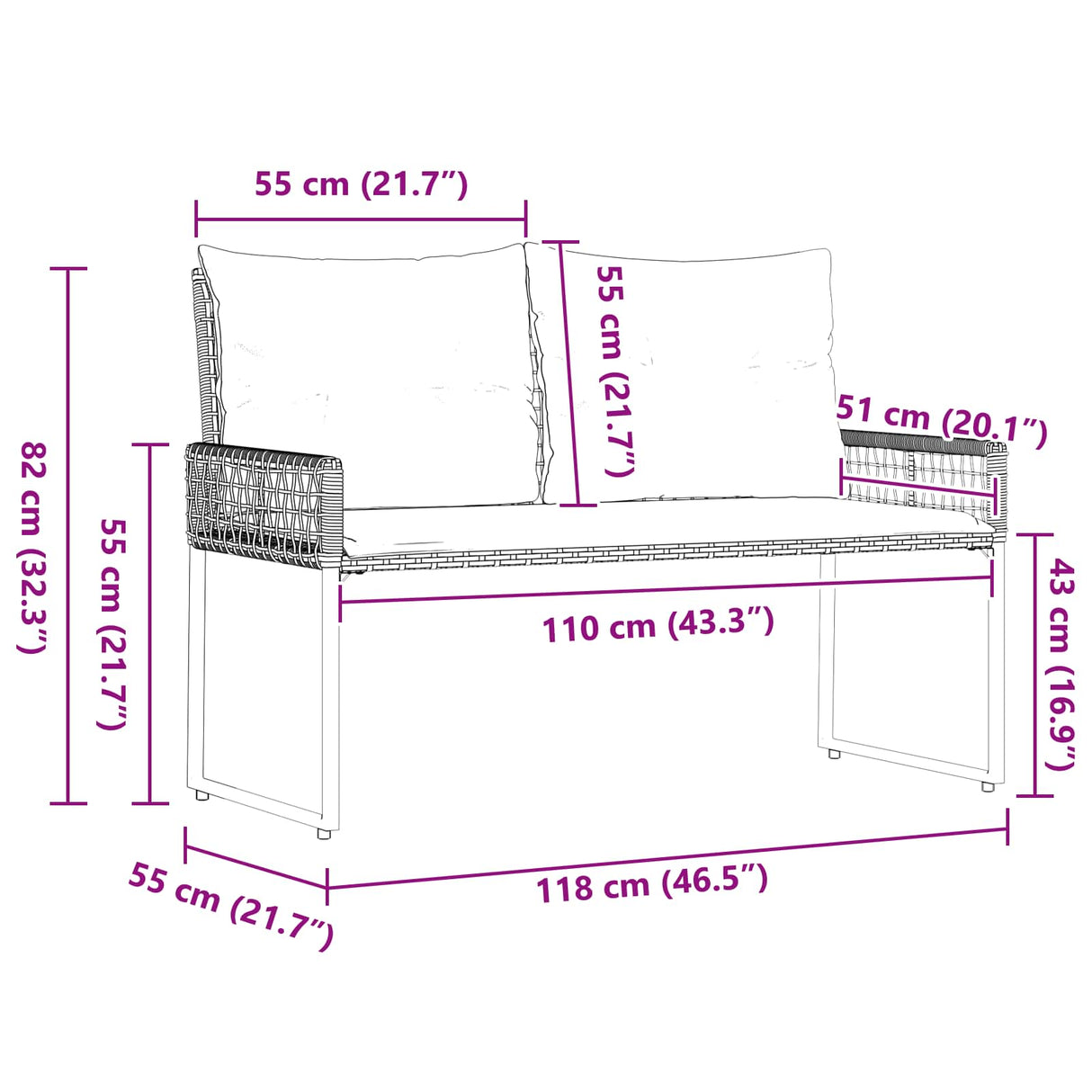 vidaXL Tuinbank Zwart en Crème Wit 118 x 55 x 82 cm PE Riet en Stof