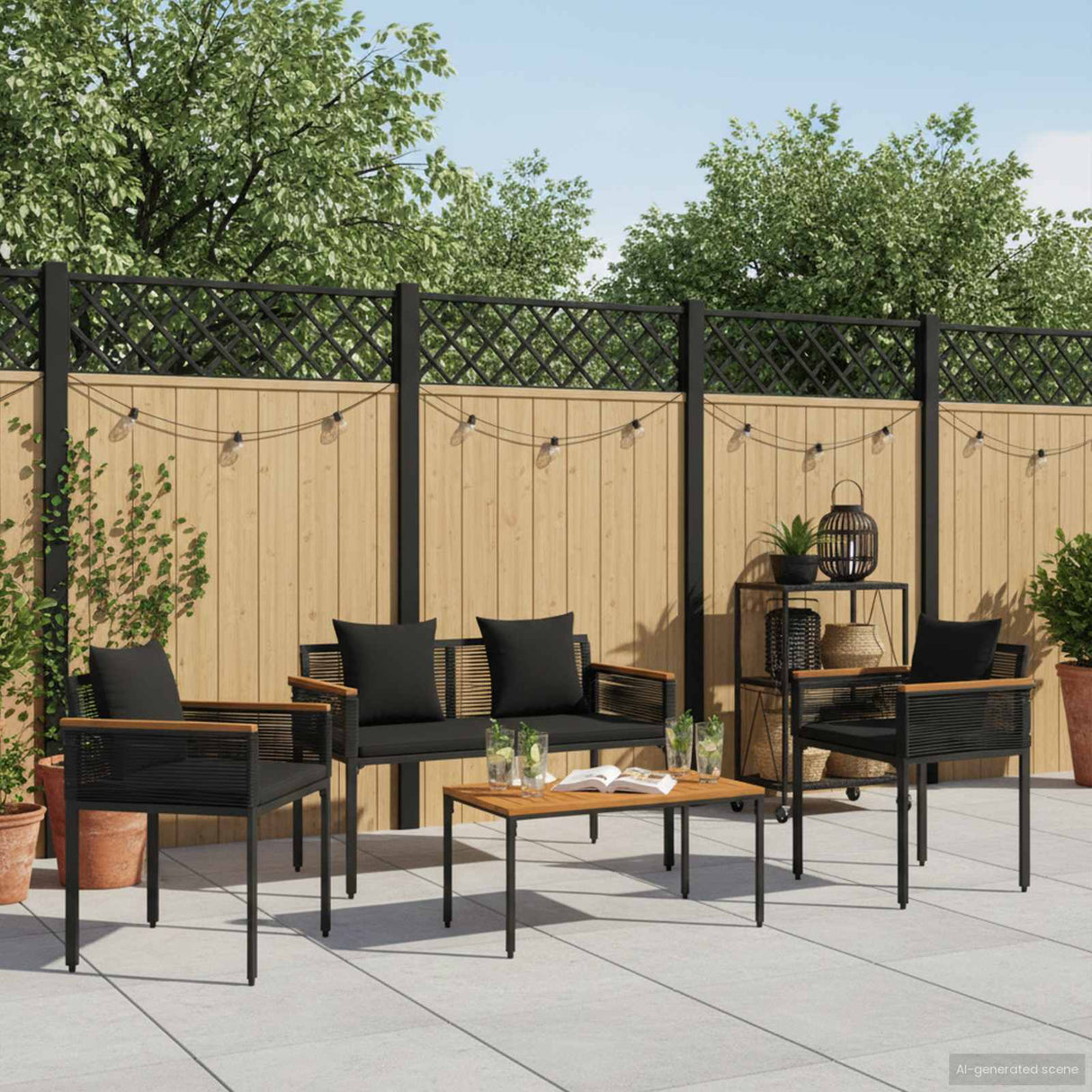 vidaXL Buitenmeubels set met kussen 4 pcs Zwart PE Riet