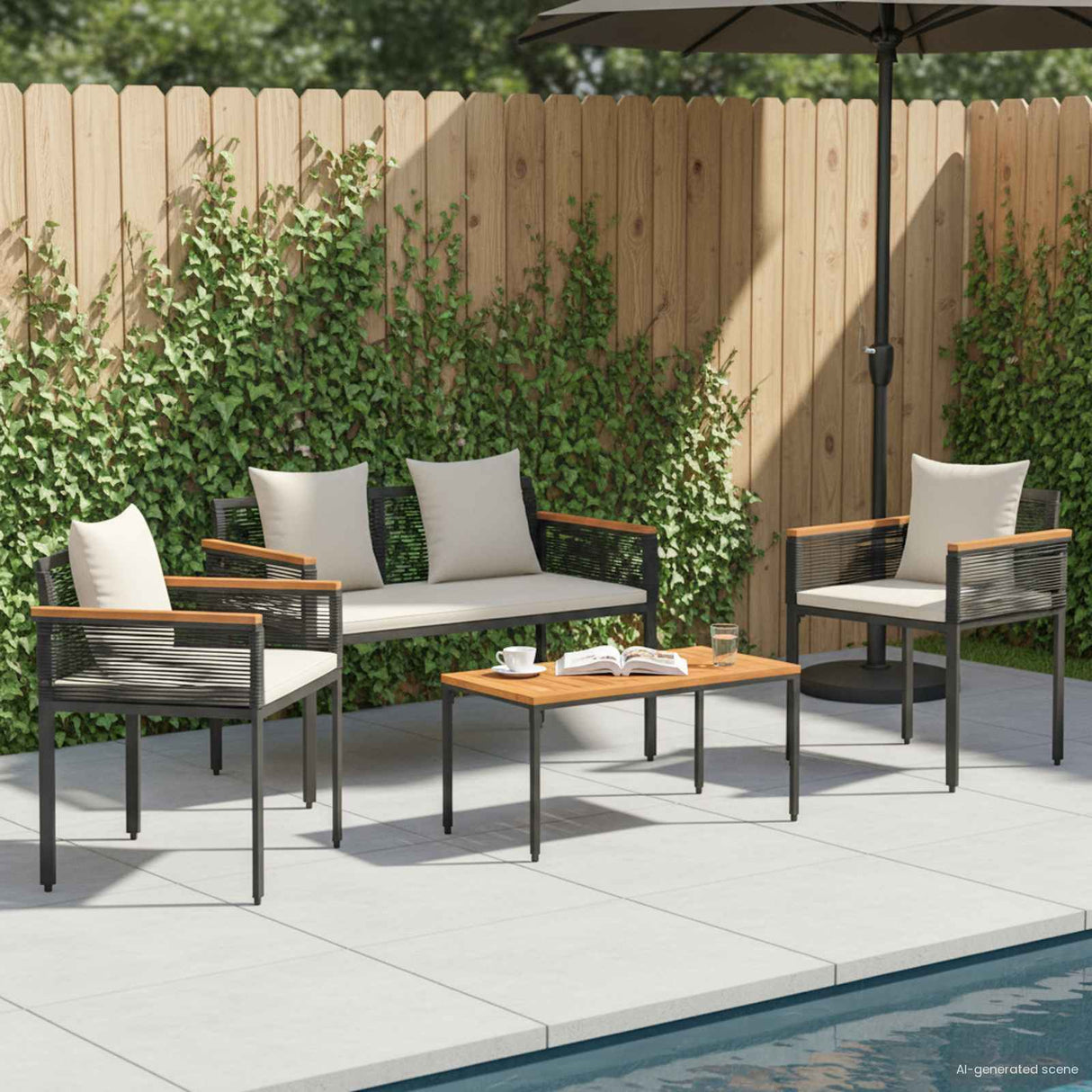 vidaXL Buitenmeubels set met kussen 4 pcs Zwart PE Riet