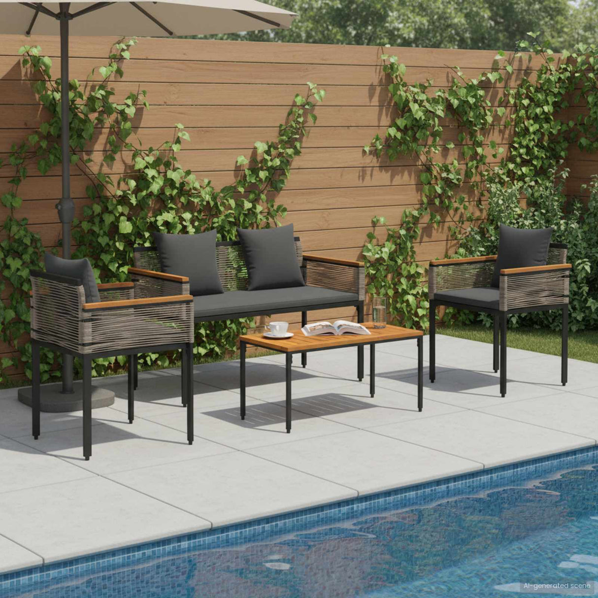 vidaXL Buitenmeubels set met kussen 4 pcs Zwart PE Riet