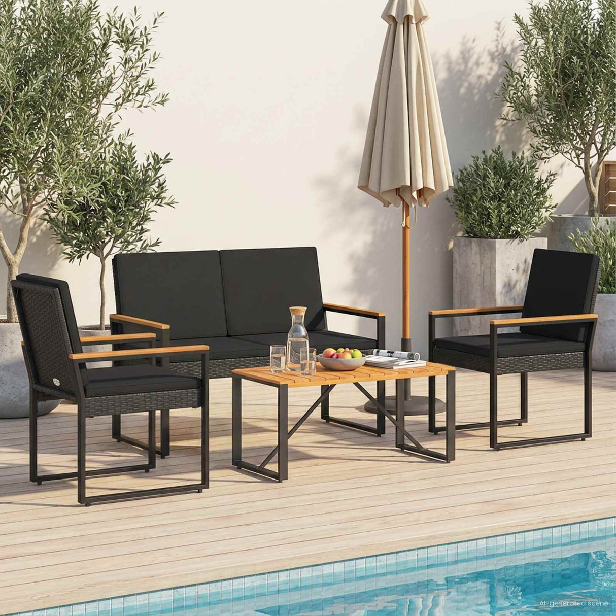 vidaXL Outdoor Lounge Set with Cushions 4 pcs Black poly rattan