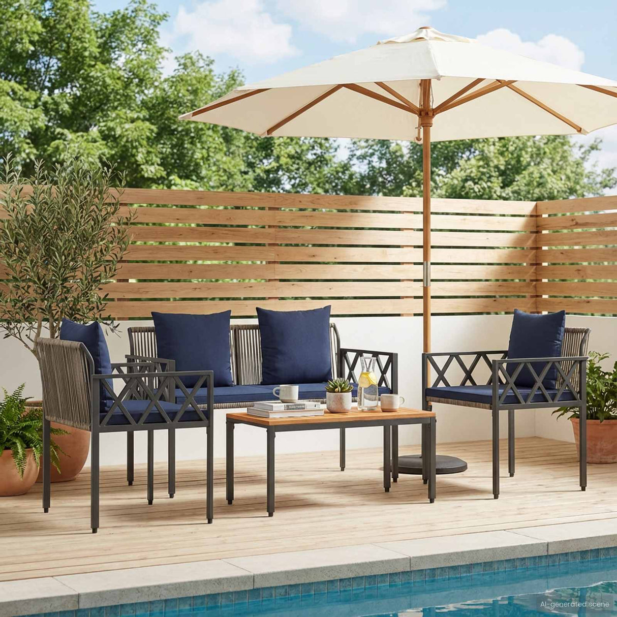 vidaXL 4-piece garden lounge set Black and Cream White poly rattan