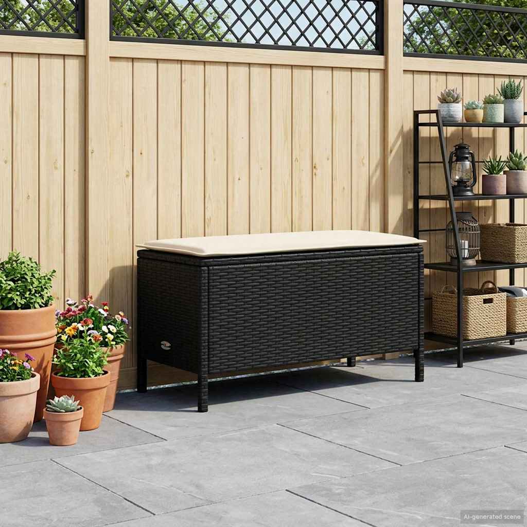 vidaXL Tuin Voetenbank met kussen Zwart 80 x 38 x 45 cm PE Riet