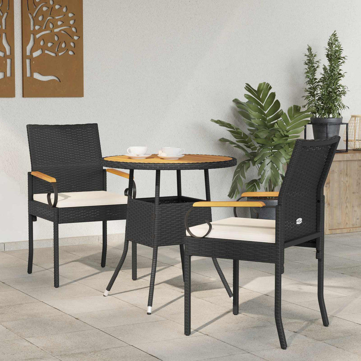 vidaXL Garden Dining Chairs 2 pcs Black and Cream White Poly Rattan and and Acacia Wood