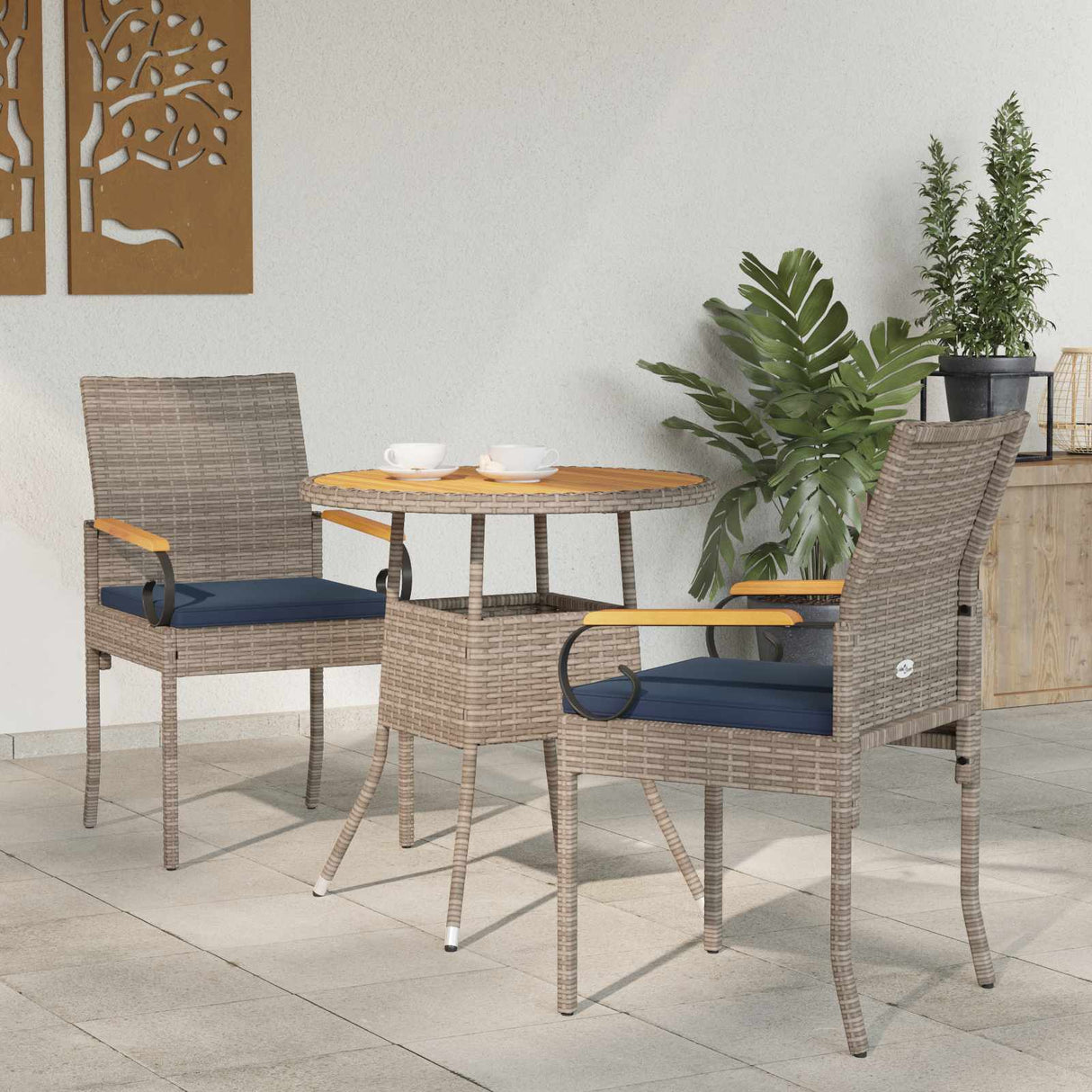 vidaXL Garden Dining Chairs 2 pcs Black and Cream White Poly Rattan and and Acacia Wood