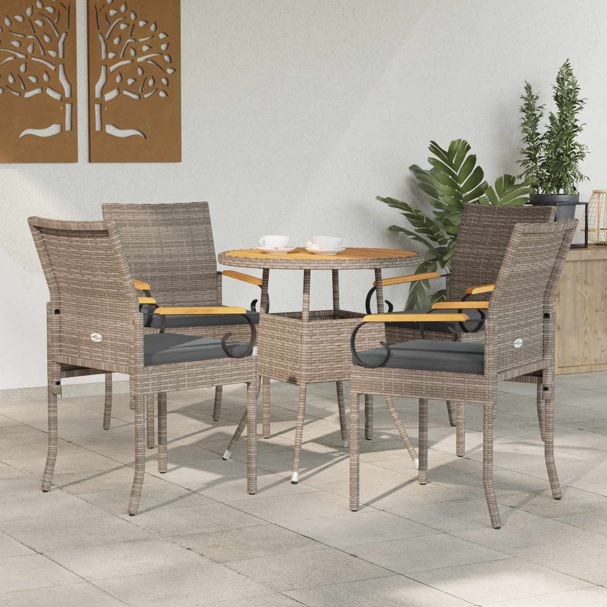 vidaXL Garden Dining Chairs 2 pcs Black and Cream White Poly Rattan and and Acacia Wood