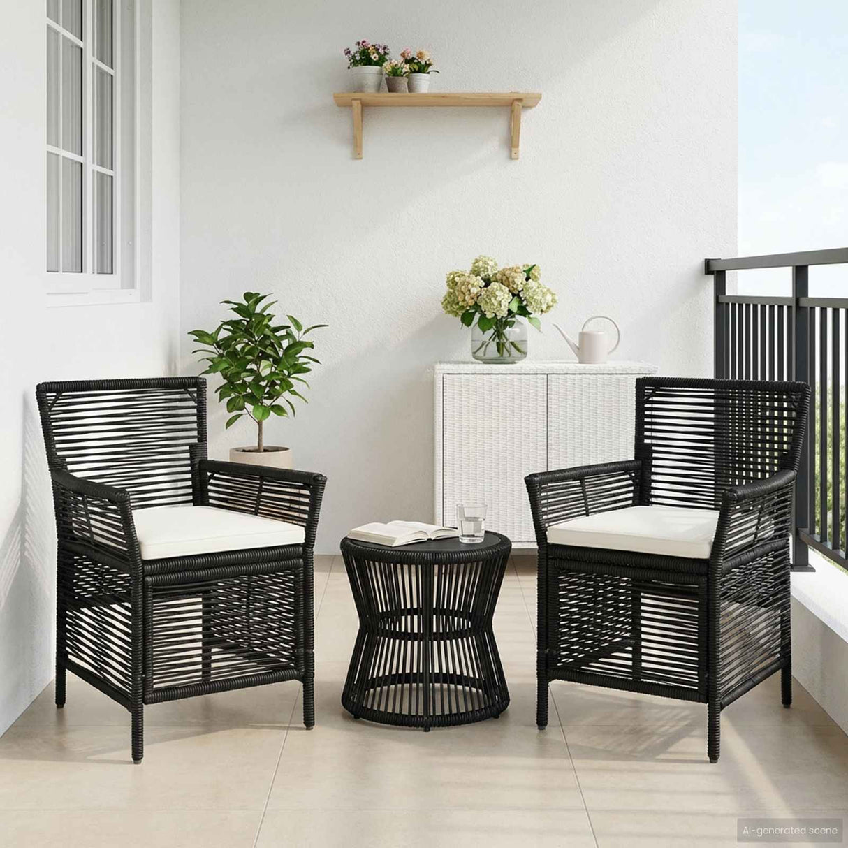 vidaXL Buitenzit met kussen 2 pcs Zwart en Crème poly rattan