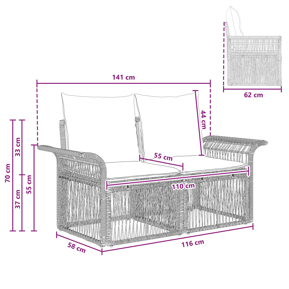 vidaXL Tuin Sofa 2-Aantal zitplaatsen Zwart poly rattan
