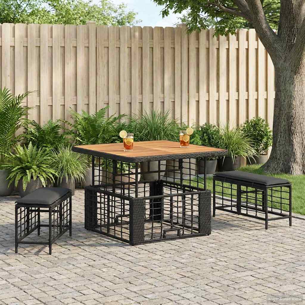vidaXL Tuin Eettafel Set 3 pcs Zwart en Grijs Poly Riet en Acacia Hout