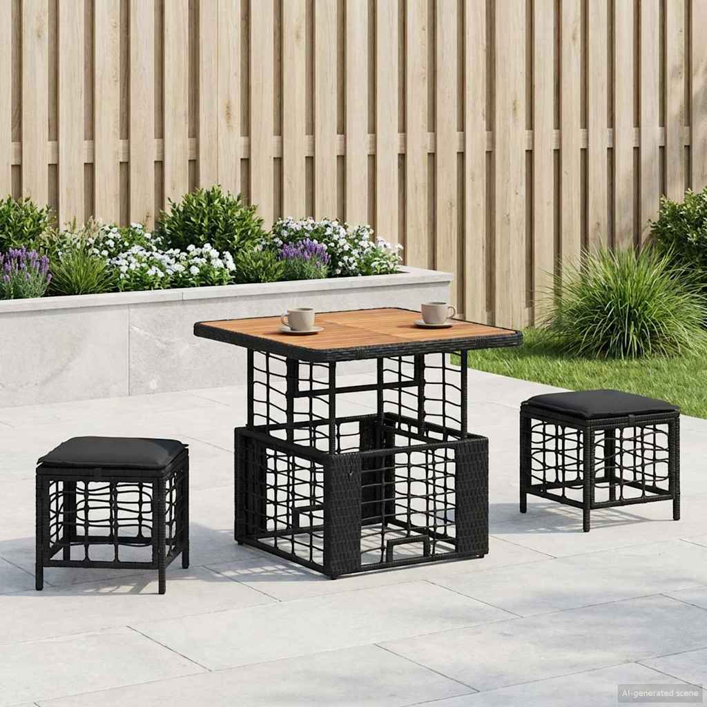 vidaXL Tuin Eettafel Set 3 pcs Zwart en Grijs Poly Riet en Acacia Hout