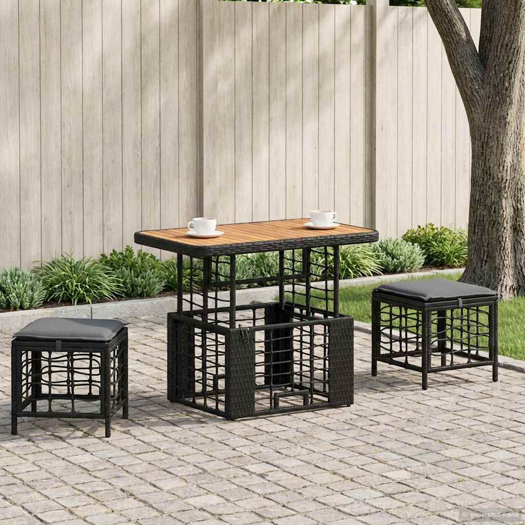 vidaXL Tuin Eettafel Set 3 pcs Zwart en Grijs Poly Riet en Acacia Hout