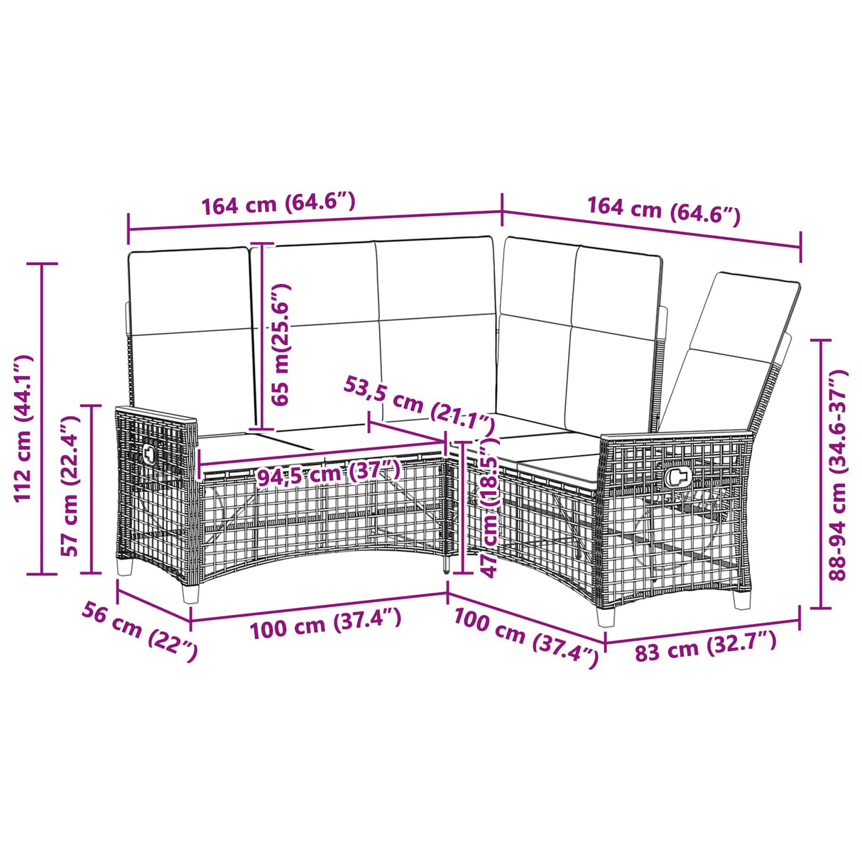 vidaXL Tuin verstelbare bank set Zwart 164 x 164 x 112 cm poly rattan