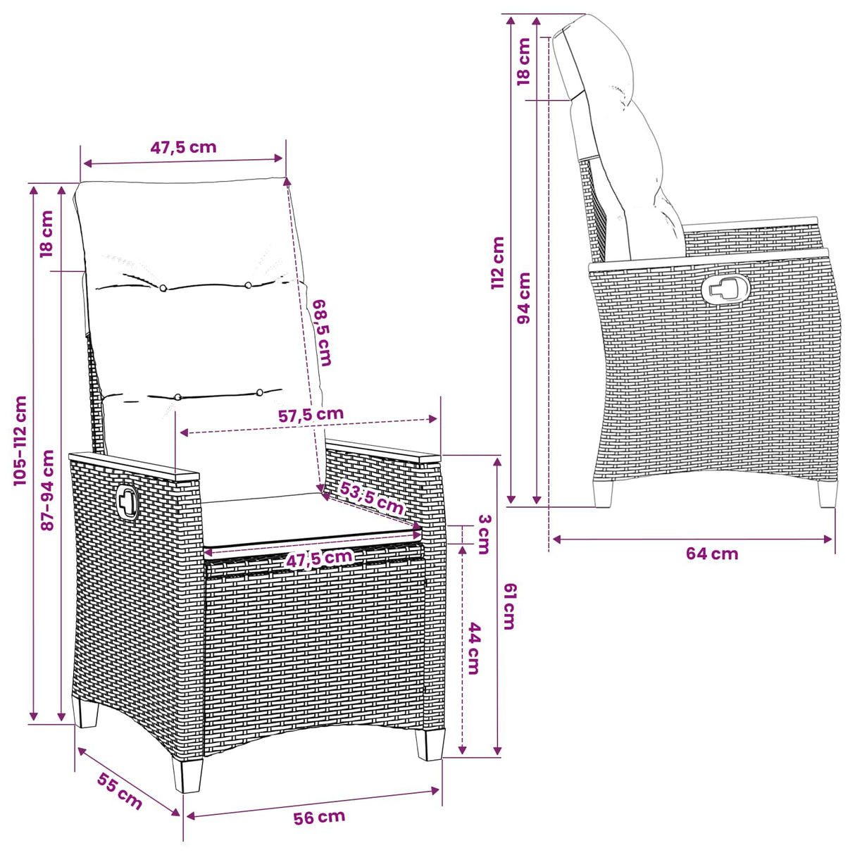 vidaXL Garden Reclining Chair with Cushion Black and Cream 64 x 57.5 x 112 cm