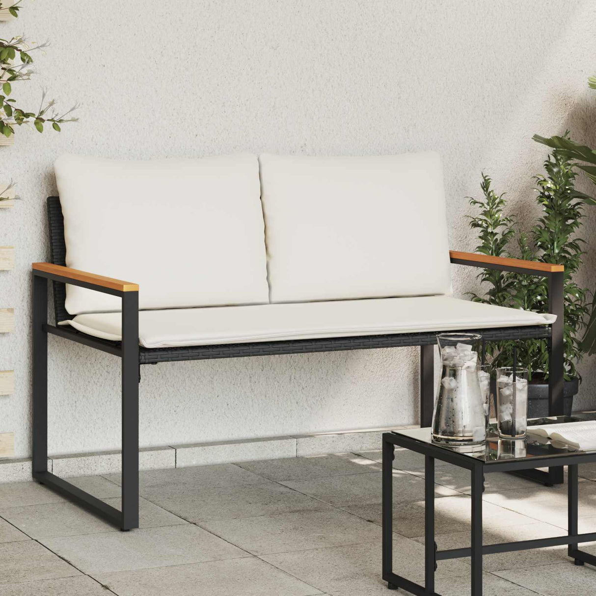 vidaXL Bank met kussen Zwart en Crème Wit 115 x 65 x 72 cm Rattan