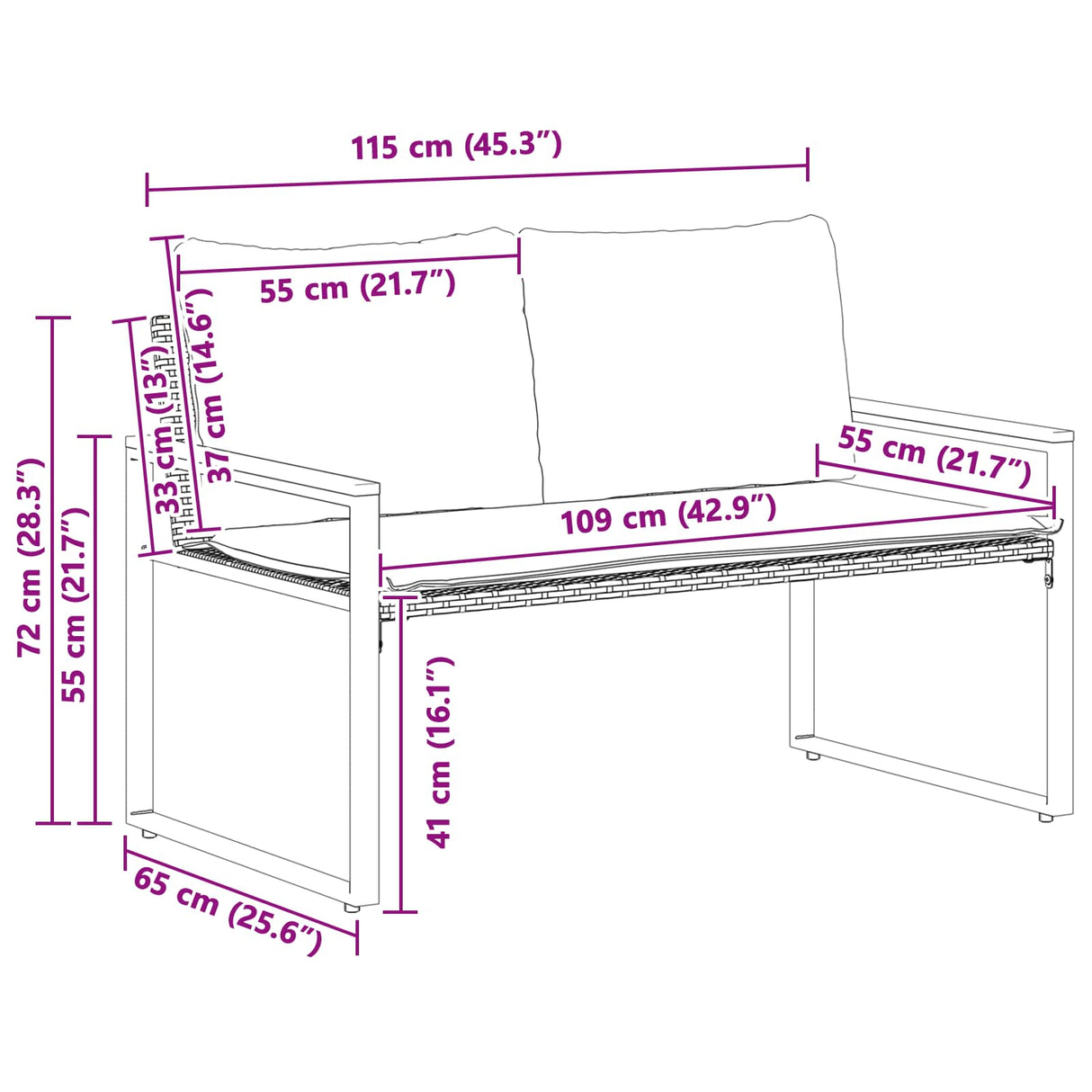 vidaXL Bank met kussen Zwart en Crème Wit 115 x 65 x 72 cm Rattan