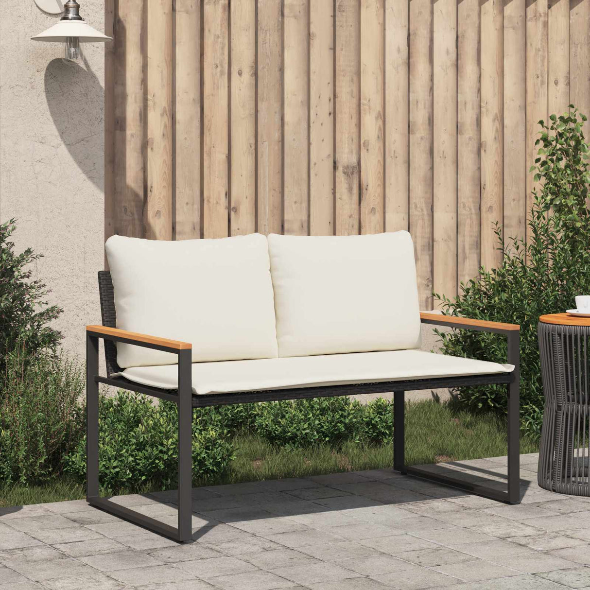 vidaXL Bank met kussen Zwart en Crème Wit 115 x 65 x 72 cm Rattan