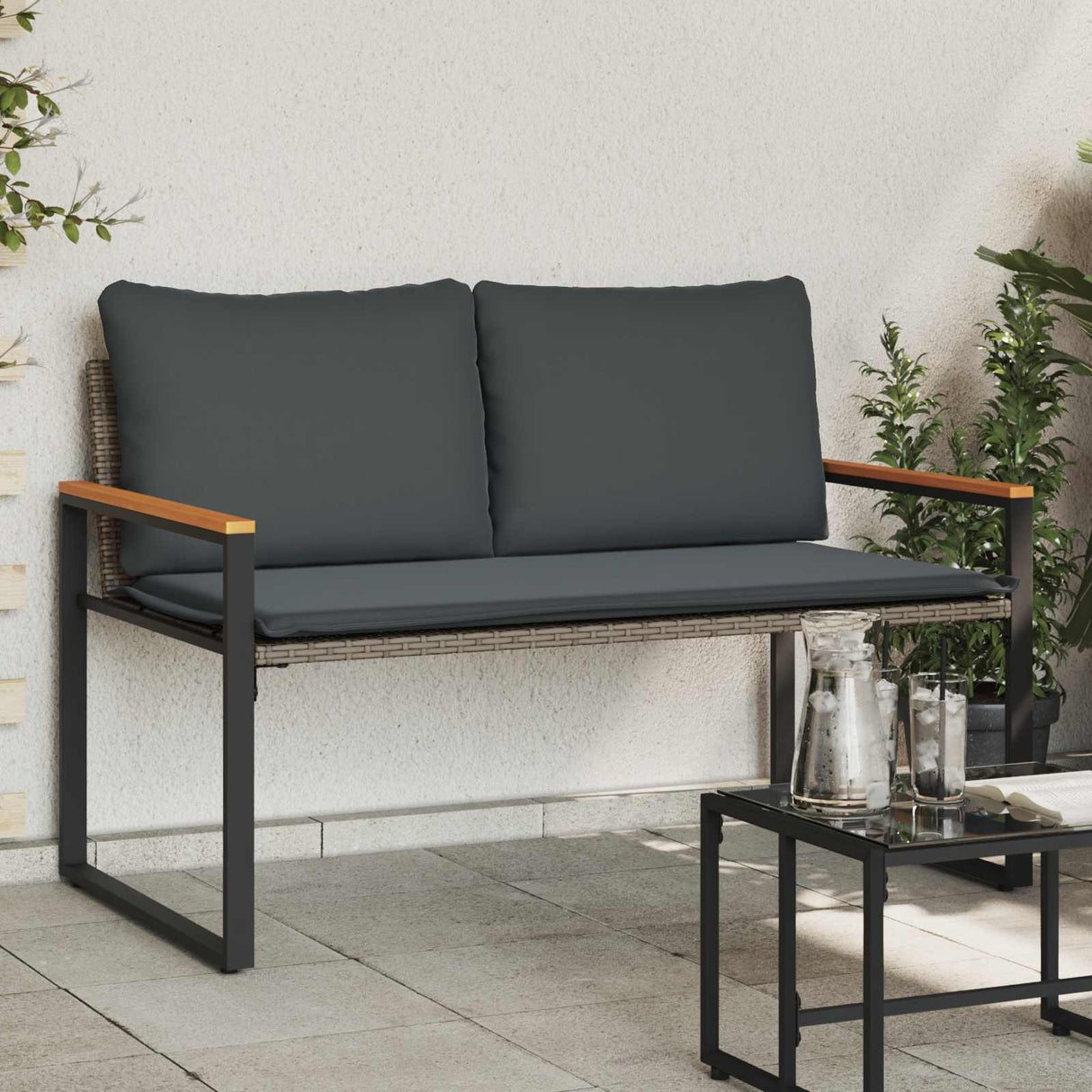 vidaXL Bank met kussen Zwart en Crème Wit 115 x 65 x 72 cm Rattan