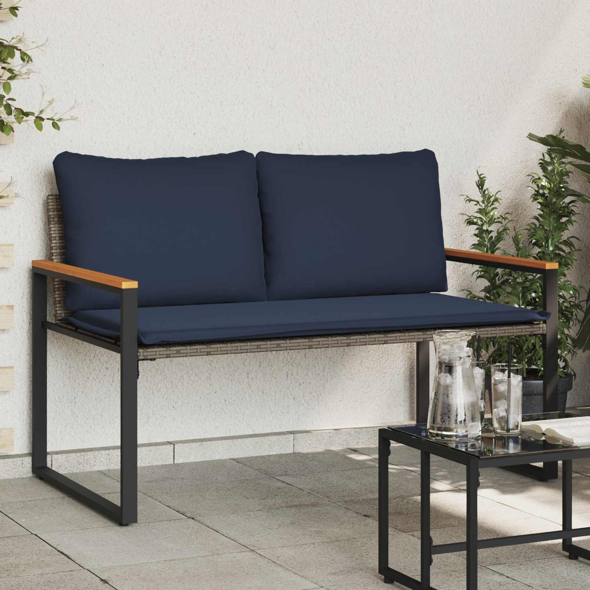 vidaXL Bank met kussen Zwart en Crème Wit 115 x 65 x 72 cm Rattan