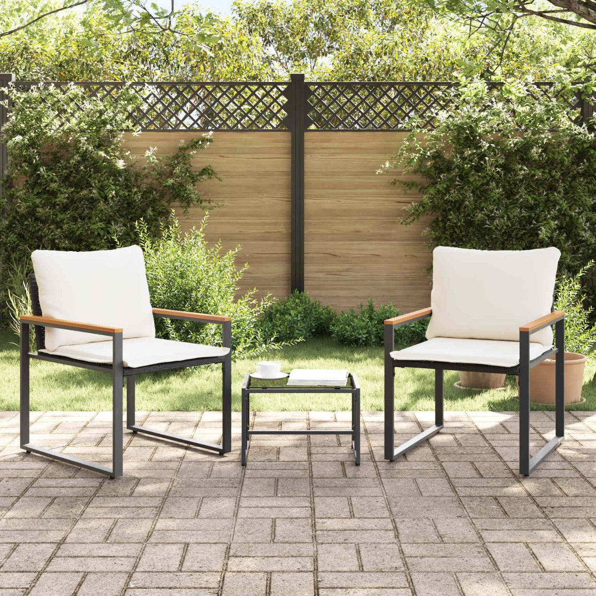 vidaXL Meubelsets met kussen 3 pcs Zwart en Crème Wit Rattan