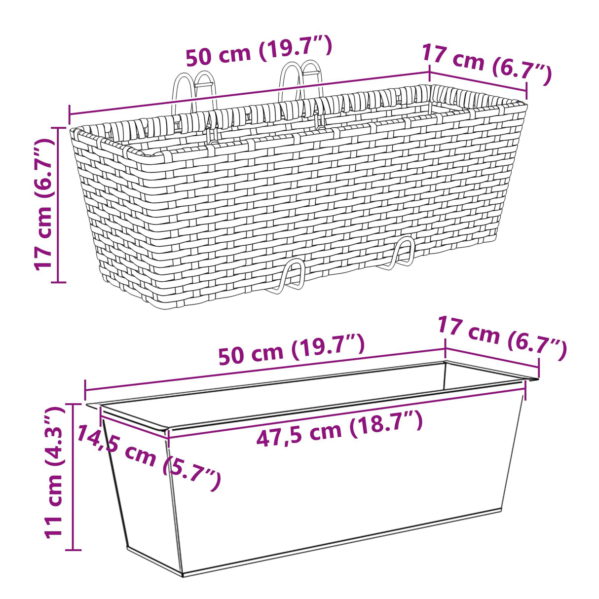 vidaXL Balcony Box 2 pcs Black 50 x 17 x 17 cm Metal