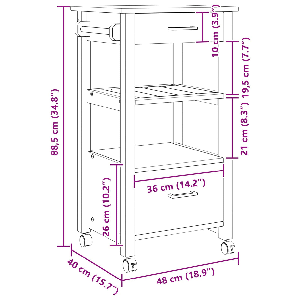 vidaXL Kitchen Trolley MONZA 48x40x88.5 cm Solid Pine Wood