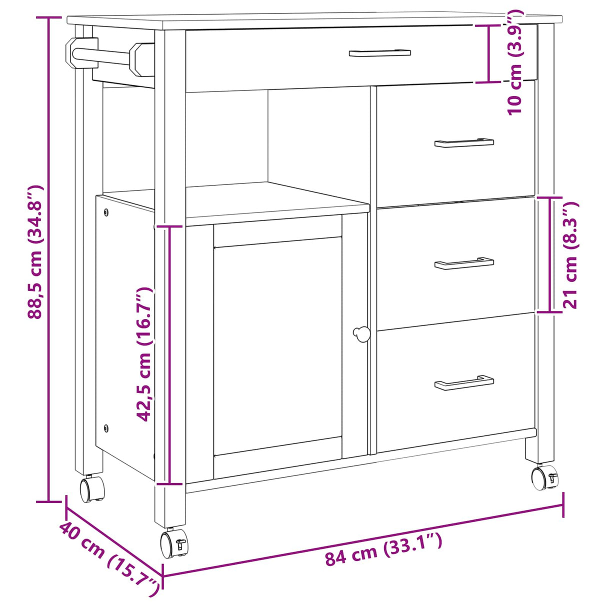 vidaXL Keukentrolley MONZA 84x40x88,5 cm massief grenenhout