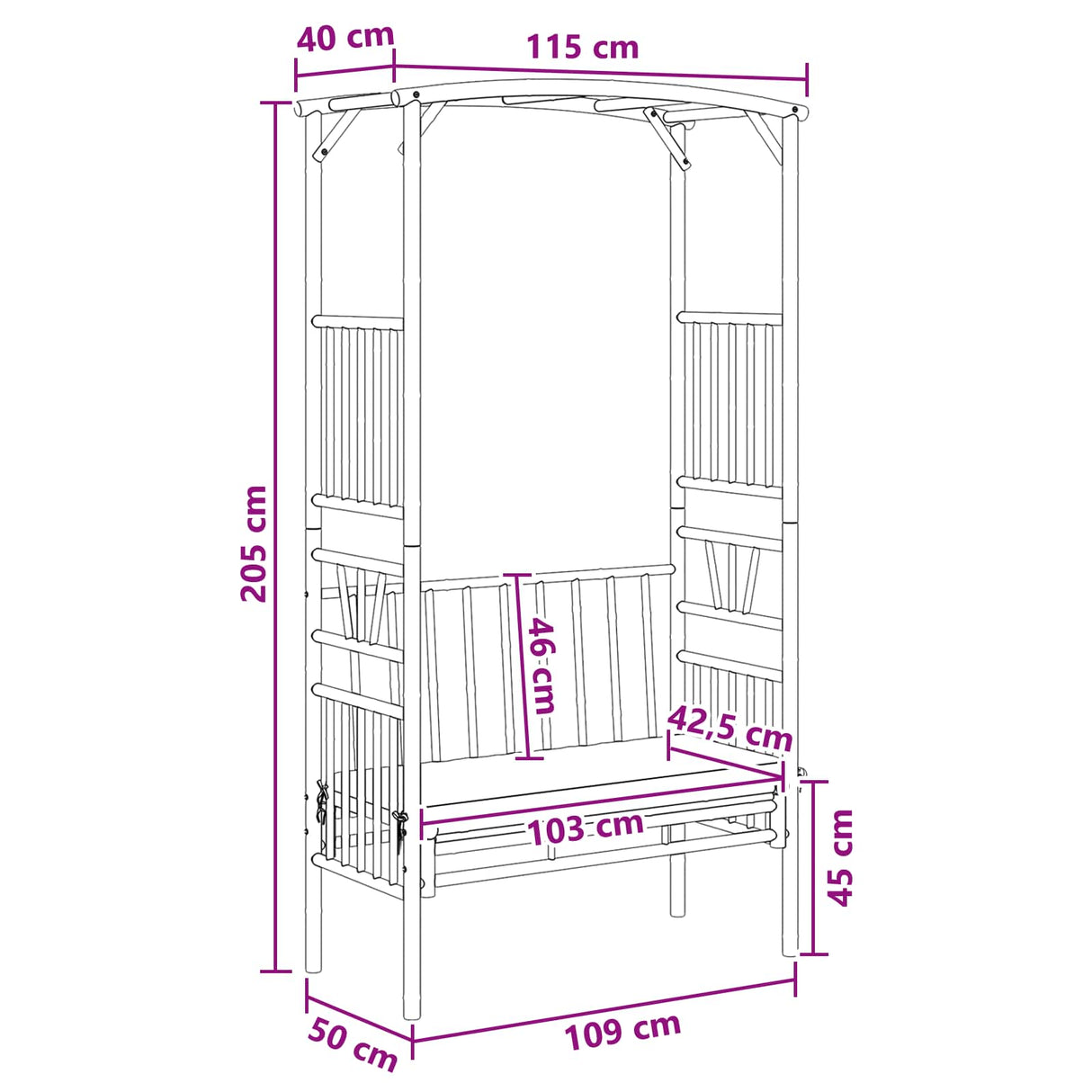 vidaXL Tuinboog met bank 115 x 50 x 205 cm Bamboe