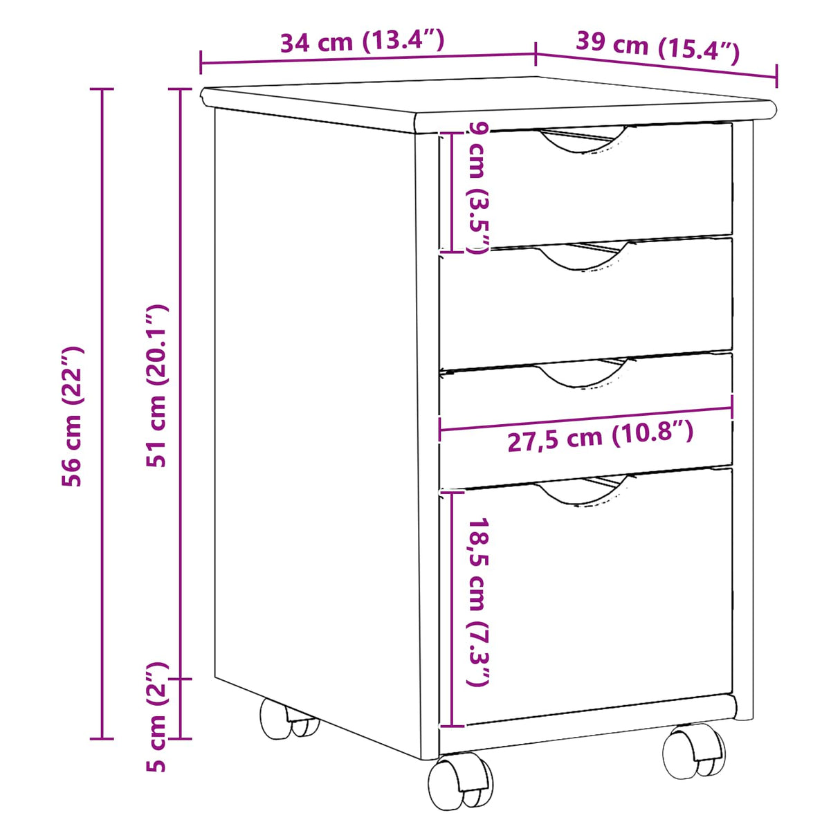 vidaXL Rolling Cabinet with Wheels White 34 x 39 x 56 cm Solid Pinewood